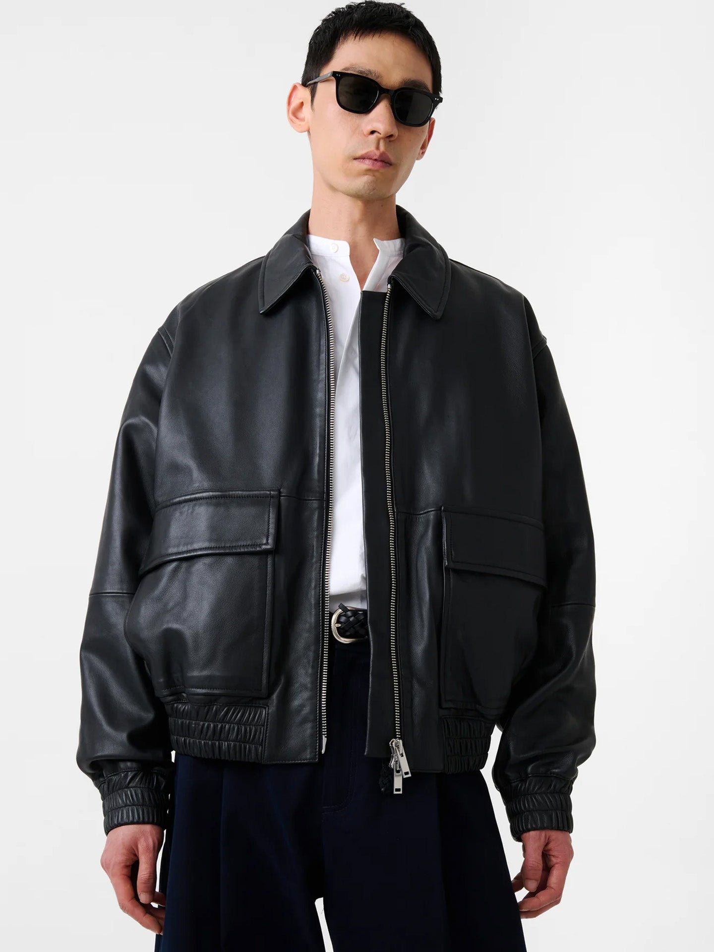 LEATHER BOMBER, BLACK