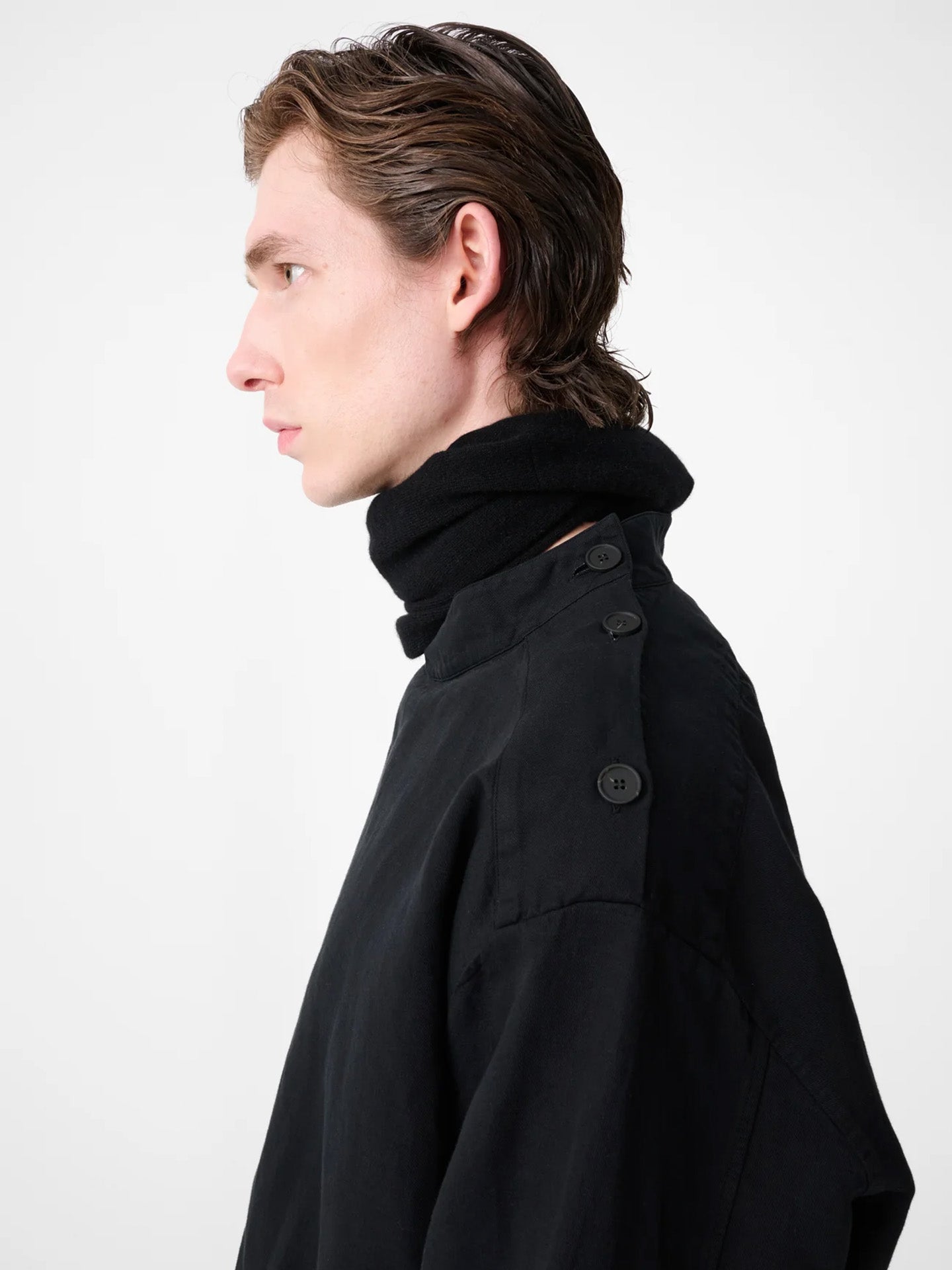 STAND COLLAR POPOVER SHIRT, BLACK