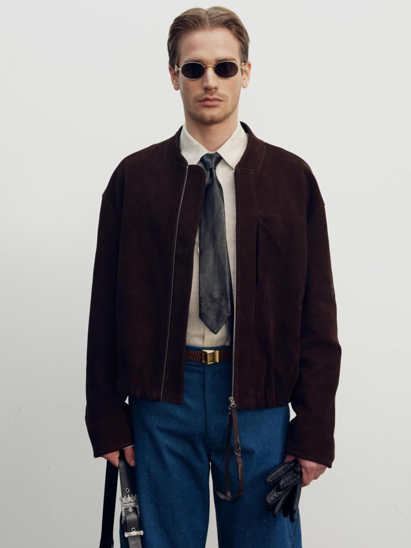 G.O.A.T SUEDE STRAPPED ZIPPER BLOUSON, DEER BROWN