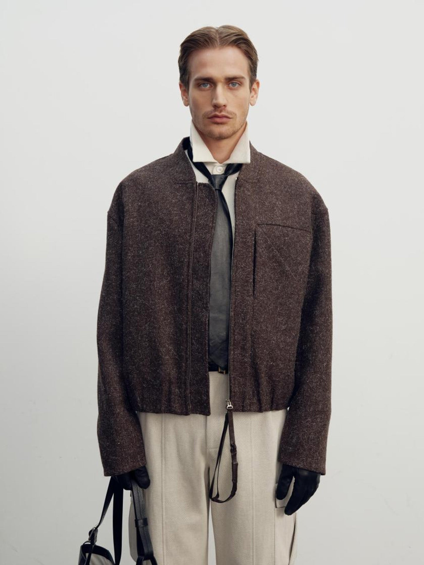WOOL STRAPPED ZIPPER BLOUSON, SNOW BROWN