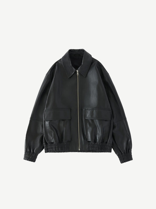 LEATHER BOMBER, BLACK