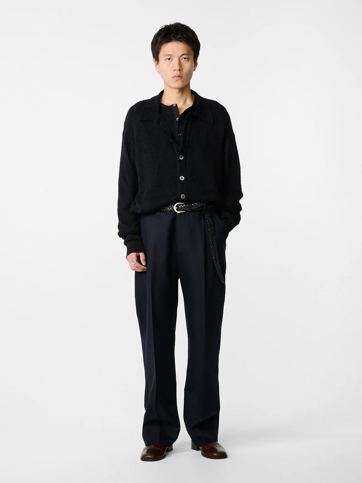 POLO COLLAR CARDIGAN, BLACK