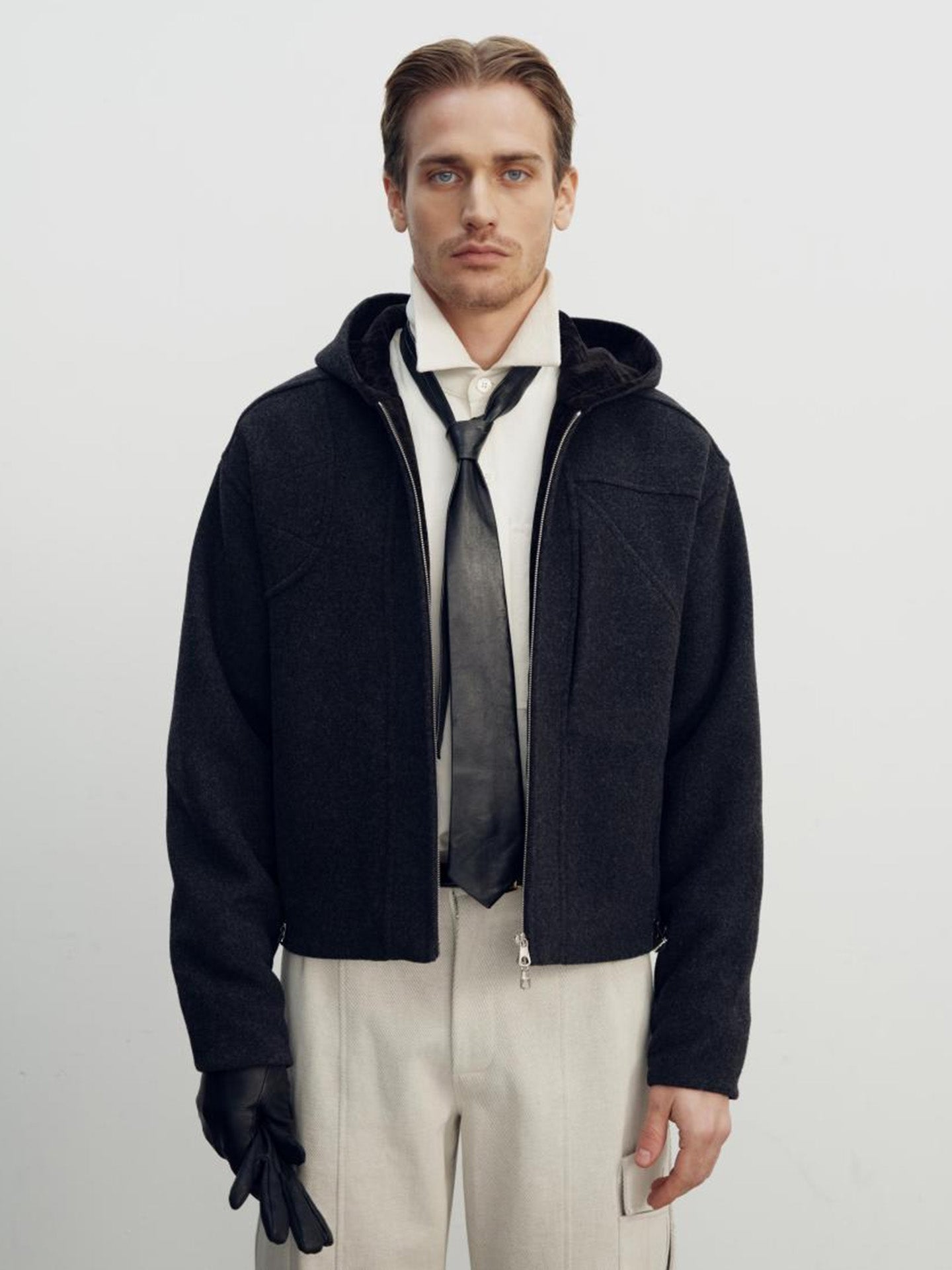 WOOLEN HOODED HUNTING JACKET, DARK GREY