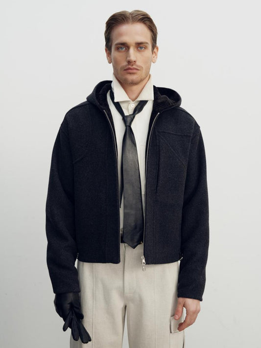 WOOLEN HOODED HUNTING JACKET, DARK GREY