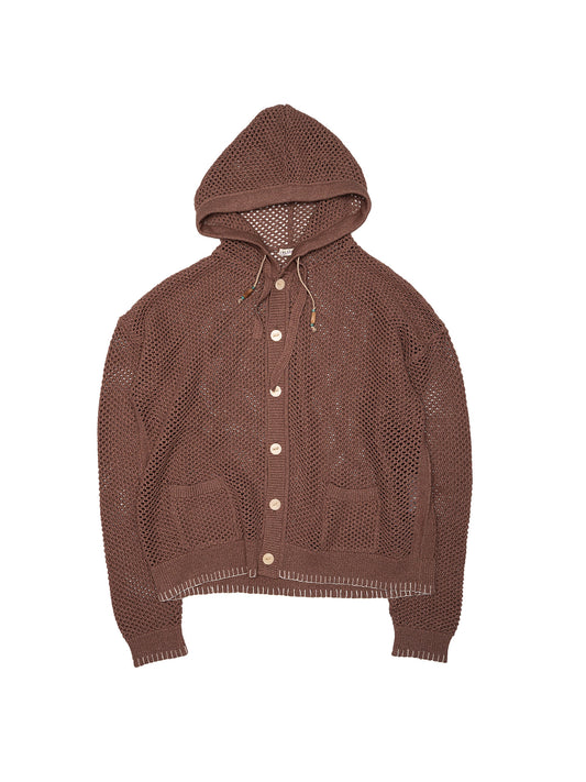 MESH BUTTON-UP HOODIE, Brown