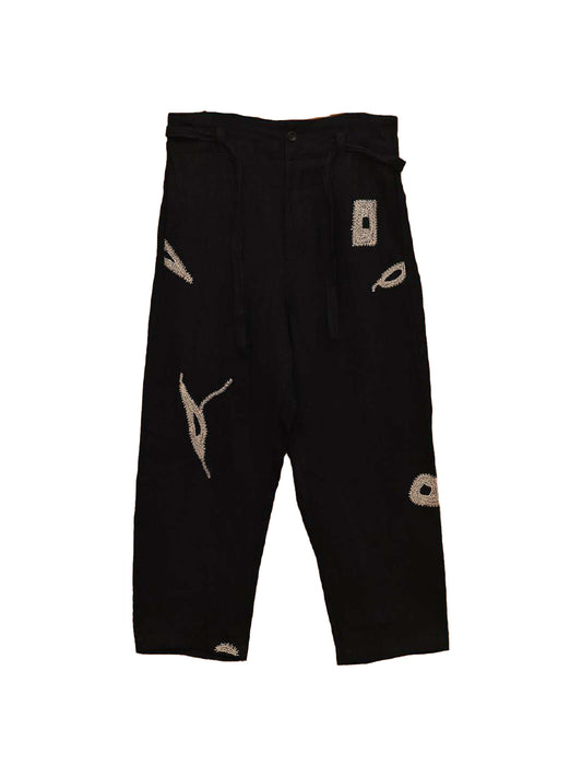 LINEN EMBROIDERED TROUSERS, Black