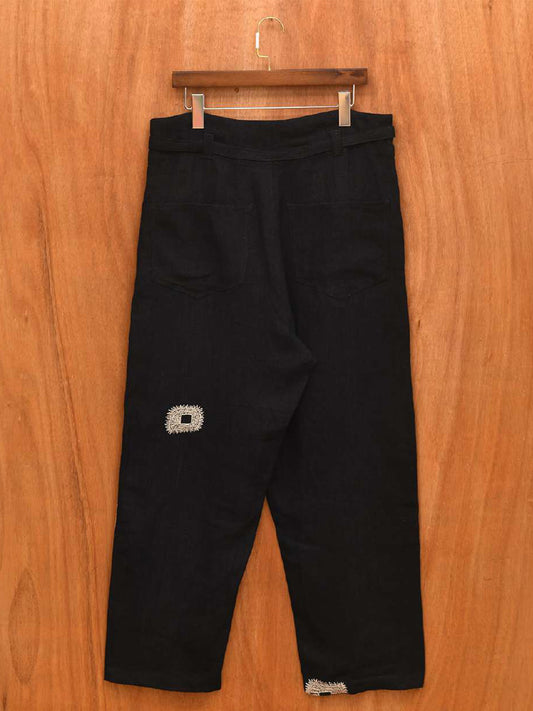 LINEN EMBROIDERED TROUSERS, Black