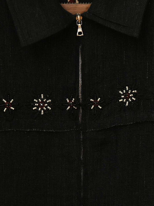 LINEN EMBROIDERED JACKET, Black