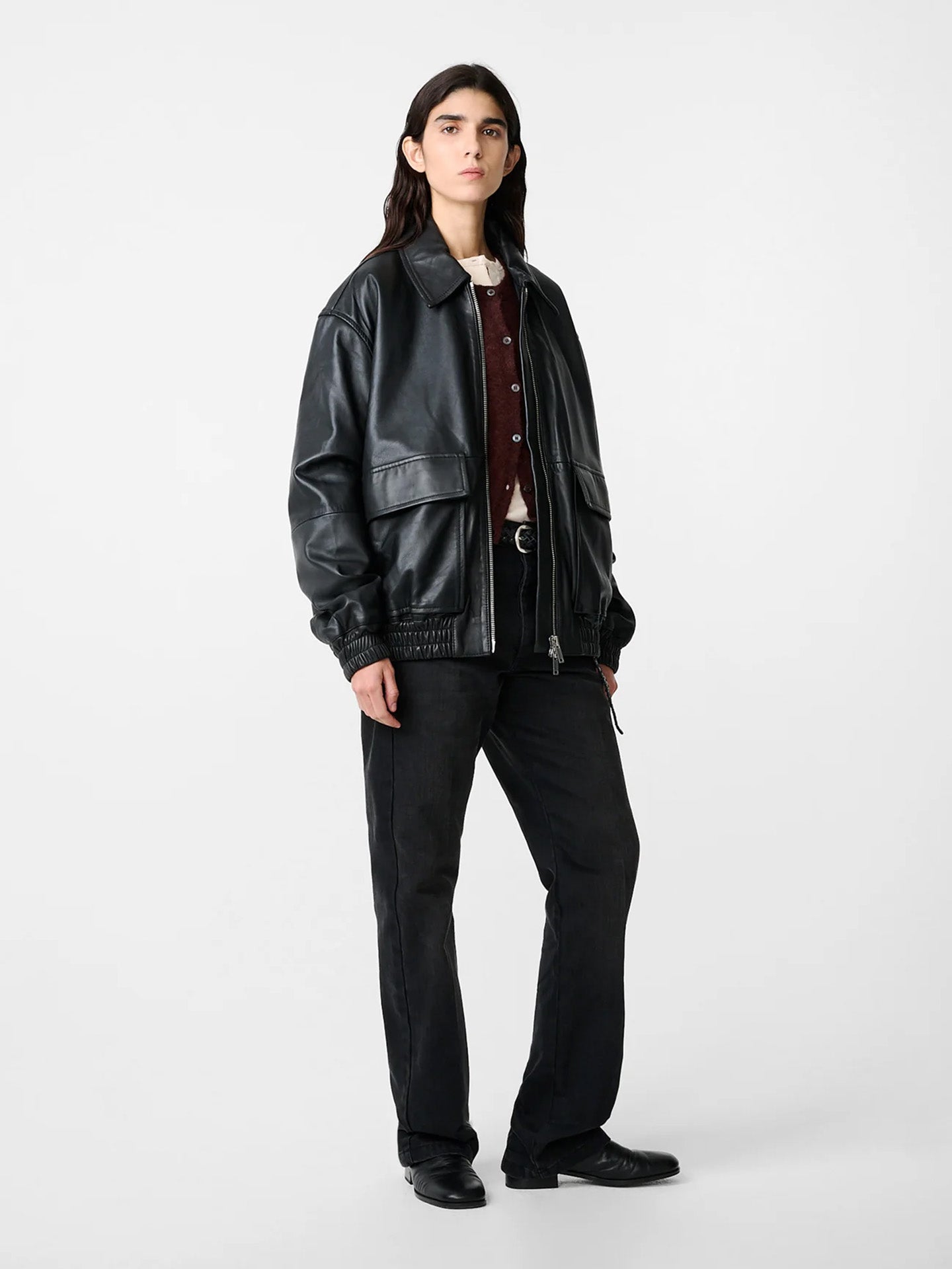 LEATHER BOMBER, BLACK