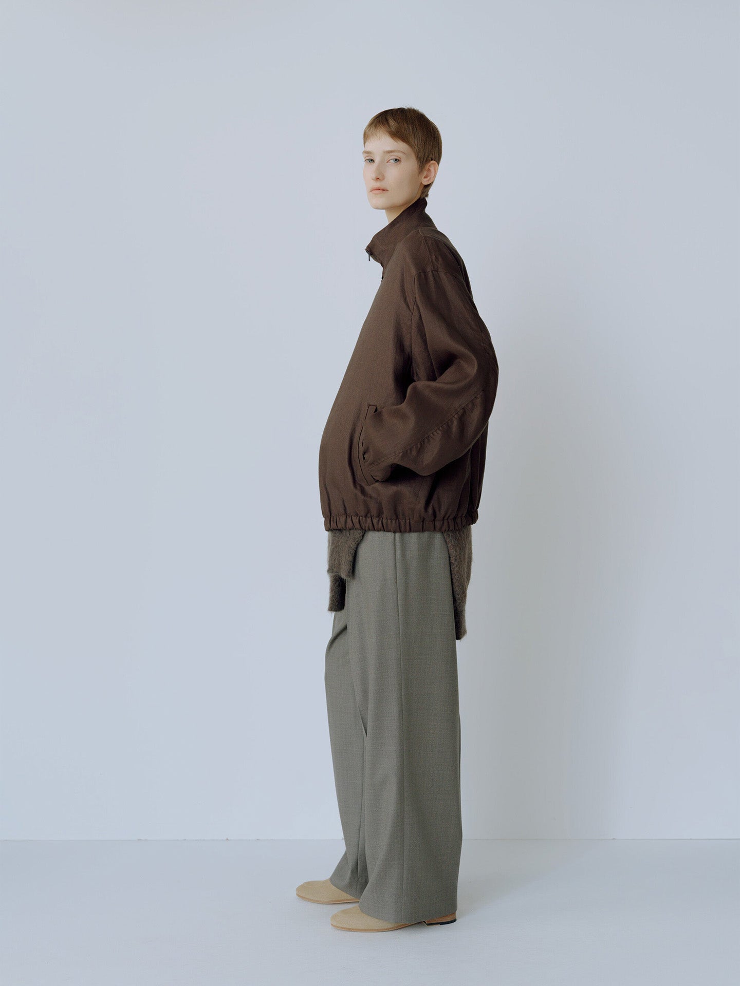 LIGHT LINEN SHIRRED LIGHT ZIP JACKET, Brown