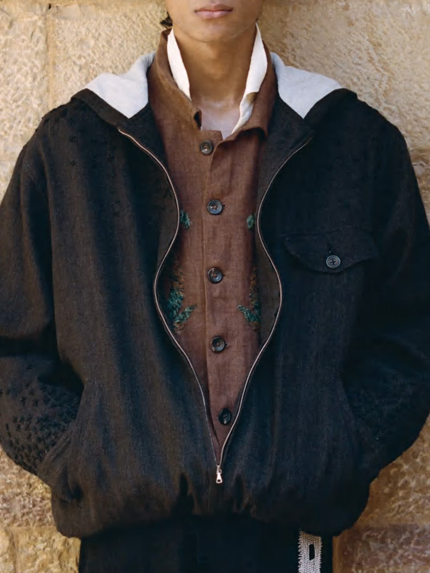 EMBROIDERED ZIP-UP HOODIE, Black