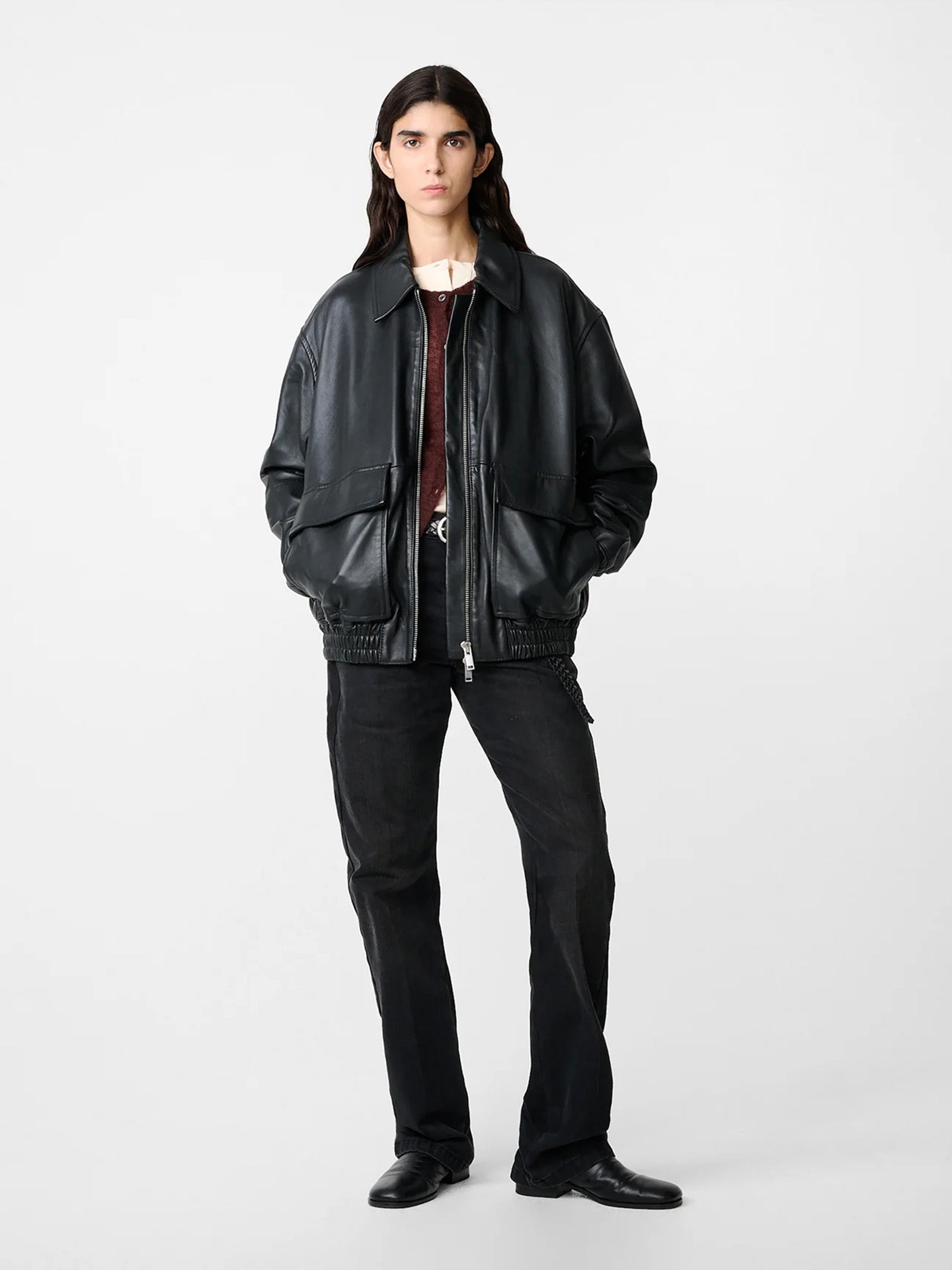 LEATHER BOMBER, BLACK