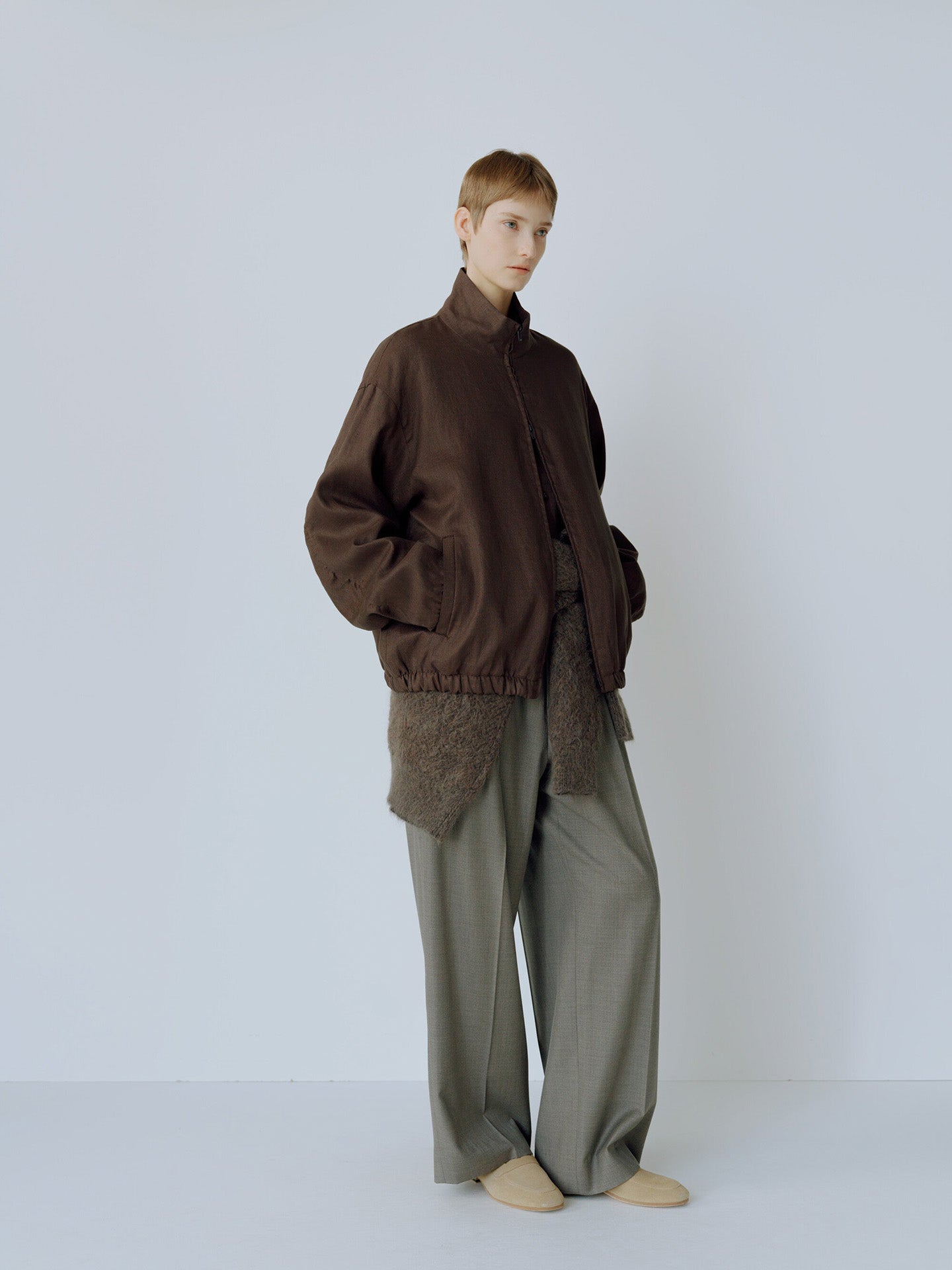 LIGHT LINEN SHIRRED LIGHT ZIP JACKET, Brown