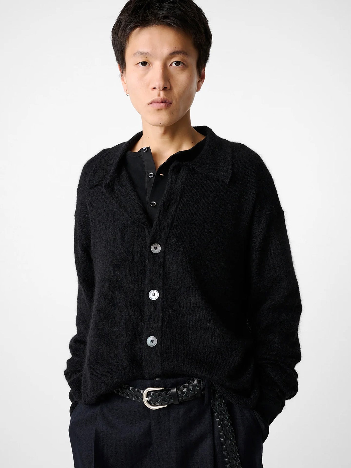 POLO COLLAR CARDIGAN, BLACK